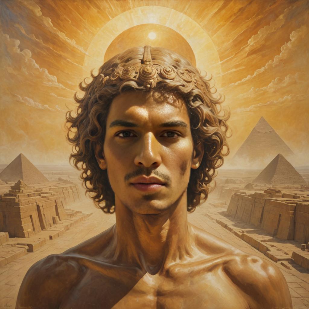 Artistic Man with Anthropomorphic Sun and Pyramids