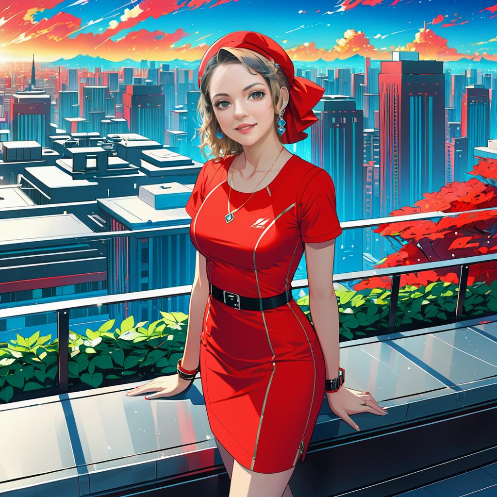 Chic Woman in Red Dress Against Futuristic City Skyline