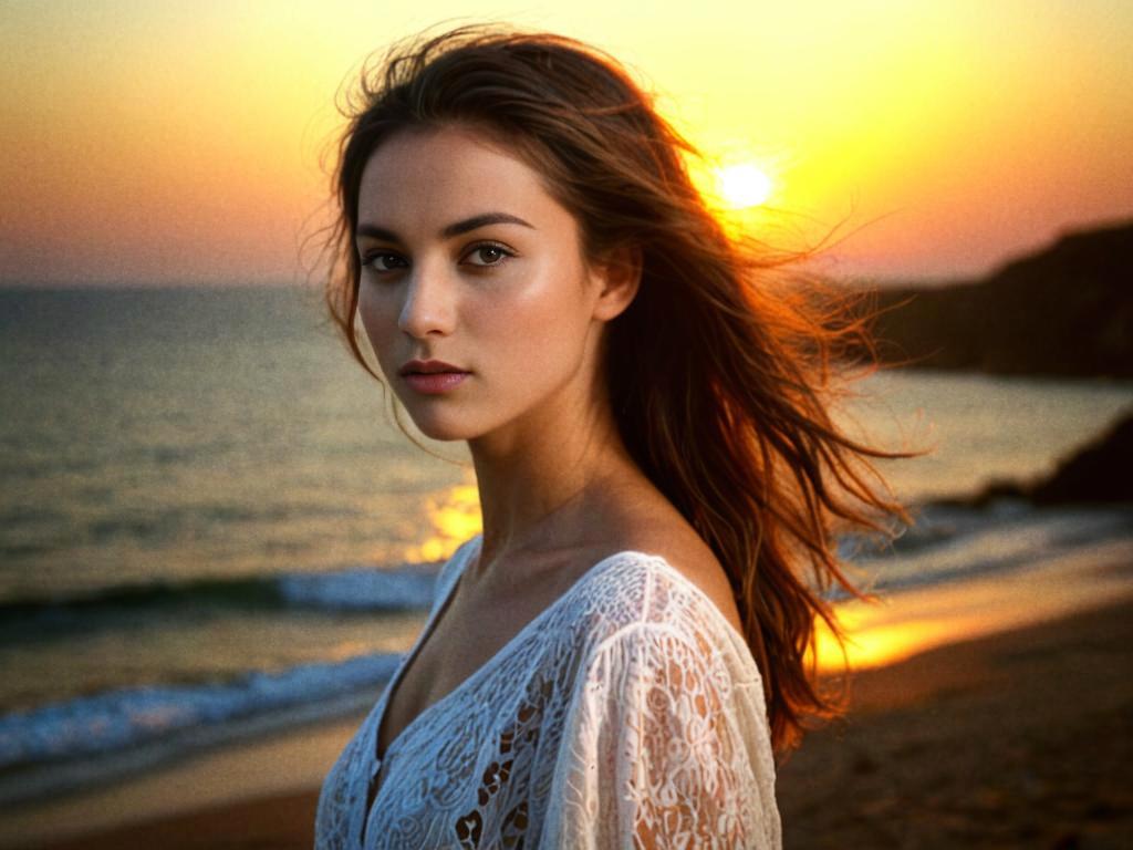 Woman on Beach at Sunset with Flowing Hair