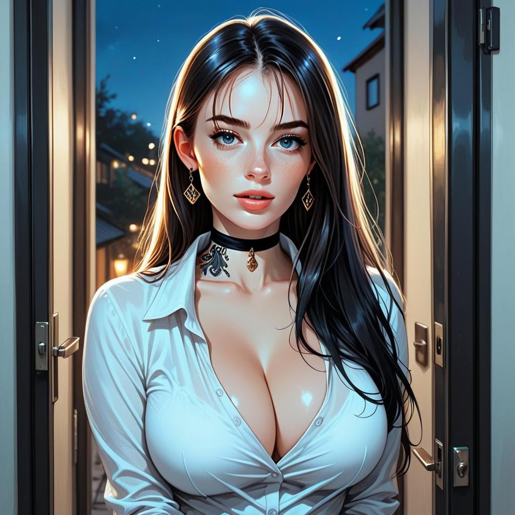 Young Woman in Doorway - Evening Illustration