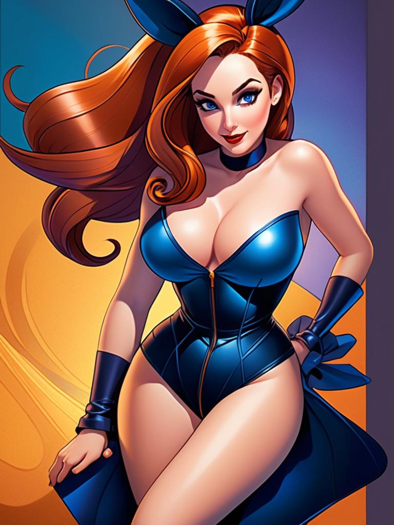 Digital Pin-Up Art of Woman in Blue Bunny Costume