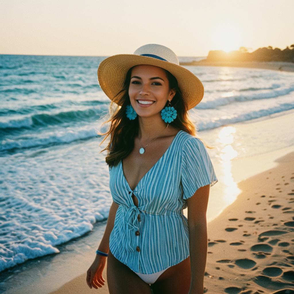 Smiling Woman in Straw Hat on Beach at Sunset
