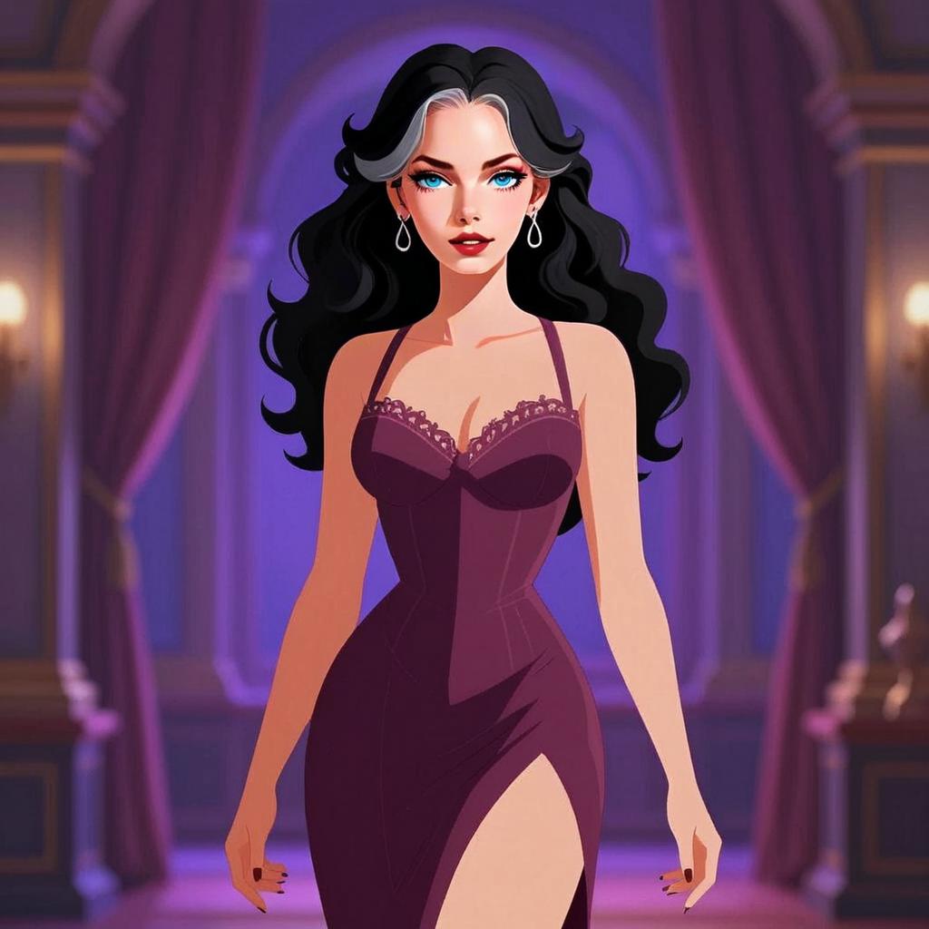 Glamorous Animated Woman in Elegant Purple Dress with Two-Toned Hair