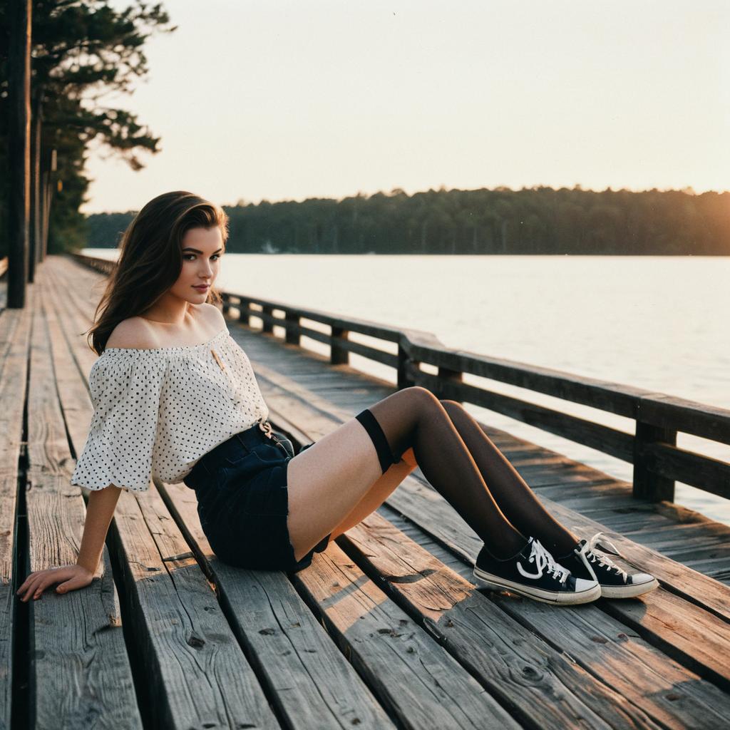 Young Woman Sitting on Wooden Pier by Lake at Sunset