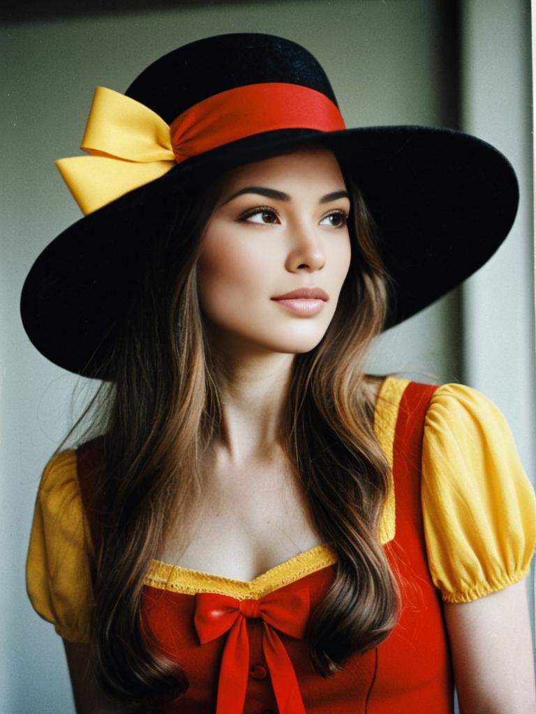 Elegant Woman in Black Wide-Brimmed Hat with Red and Yellow Dress
