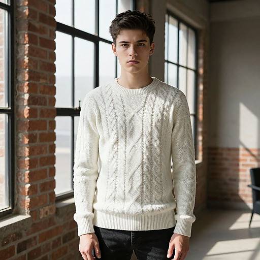 Young Man in White Cable-Knit Sweater by Industrial Window
