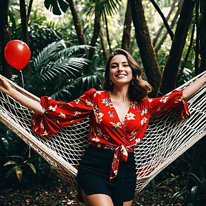 Cheerful Woman in Tropical Hammock with Red Balloon