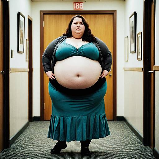 Overweight Woman in Teal Outfit Standing in Hallway