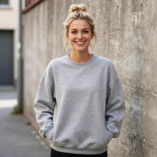 Casual Young Woman in Grey Sweatshirt Smiling Outdoors