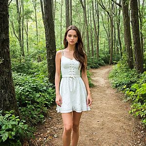 Young Woman in White Dress in Forest
