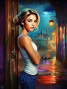 Confident Woman in Dreamy Cityscape