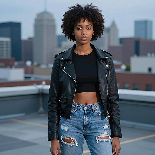 Confident Gen Z Woman in Urban Leather Jacket and Ripped Jeans