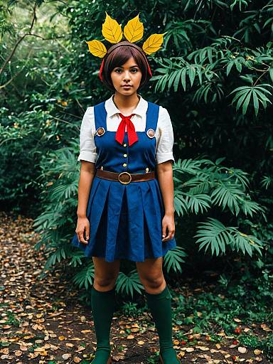 Woman in Blue Pinafore Dress with Yellow Leaf Headband in Forest