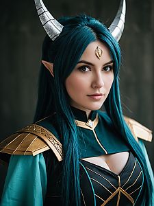 Professional Mina Cosplay Editorial Headshot with Fantasy Armor and Teal Hair