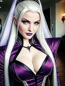 Woman Cosplaying Dark Sorceress in Purple Satin Costume