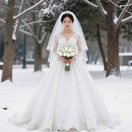 Elegant Winter Wedding Dress with Lace and Veil Outdoors