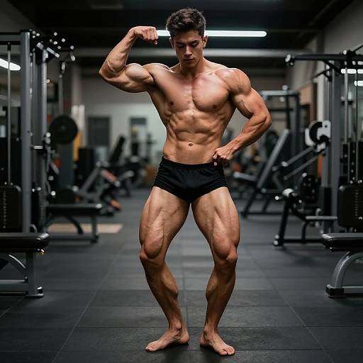 Muscular Man Posing and Flexing in Gym Workout Environment