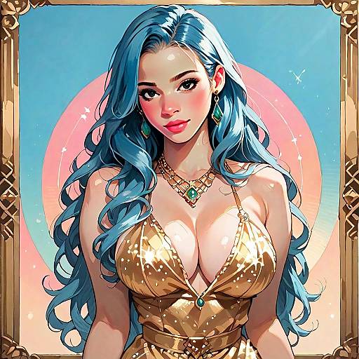 Digital Illustration of Woman with Blue Hair in Golden Dress