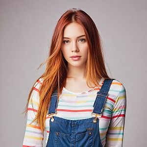 Young Woman with Red Hair in Colorful Striped Shirt and Denim Overalls