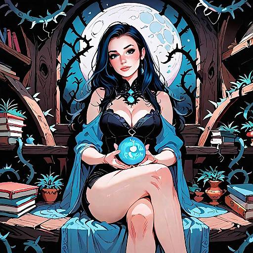 Mystical Woman Holding Glowing Orb Under Full Moon Digital Art