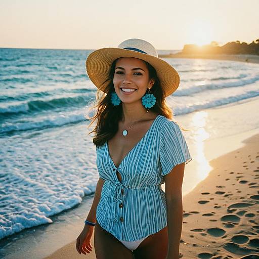 Smiling Woman in Straw Hat on Beach at Sunset