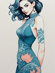 Confident Woman in Blue Dress with Floral Patterns