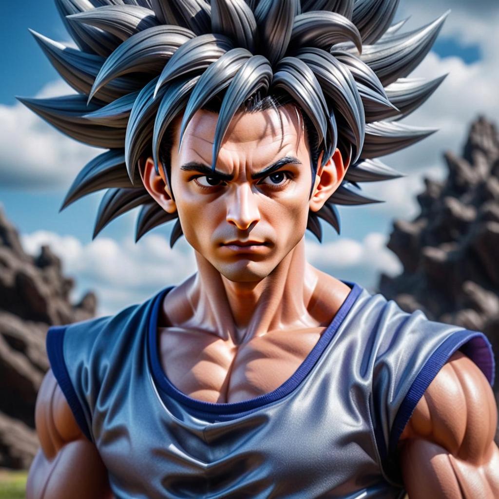 Muscular Man with Silver-Gray Hair in Rocky Landscape