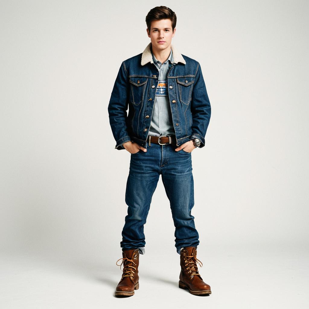 Young Man Wearing Jones Costume Denim Jacket and Pants with Brown Boots