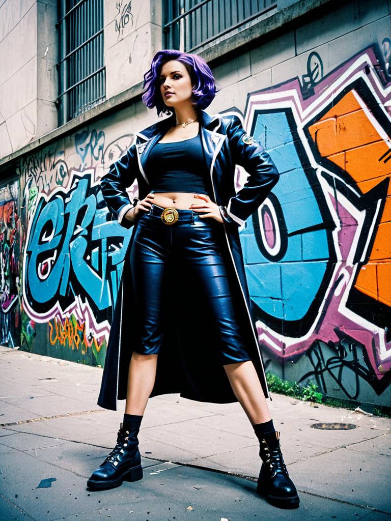 Confident Woman in Black Leather Outfit With Purple Hair in Urban Graffiti Alley