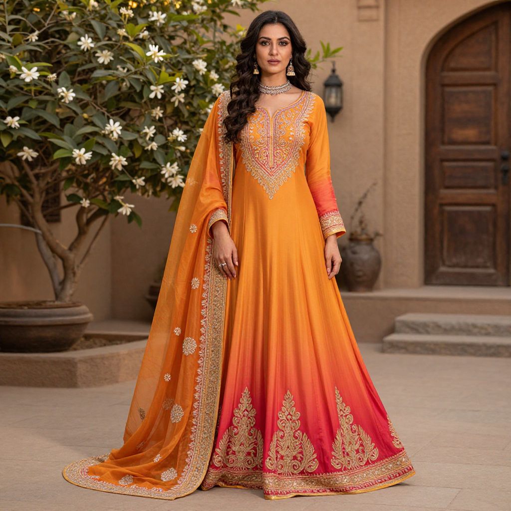 Elegant Woman in Orange Red Gradient Embroidered Anarkali Dress Outdoors