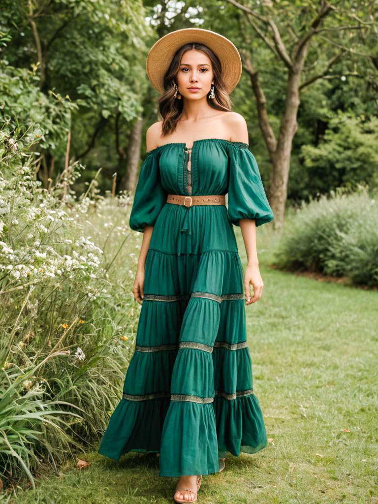 Stylish Woman in Green Dress in Garden