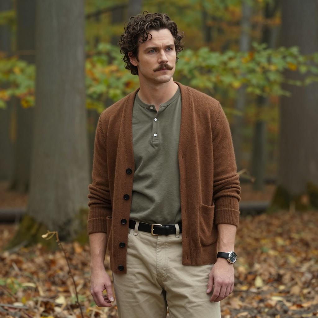 Man in Brown Cardigan Standing in Autumn Forest