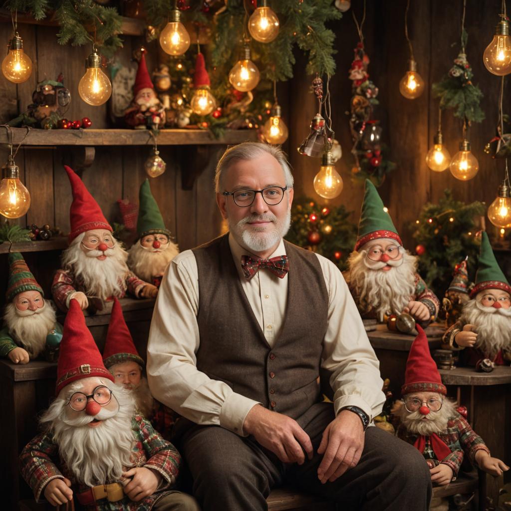 Man with Christmas Gnomes and Festive Decor