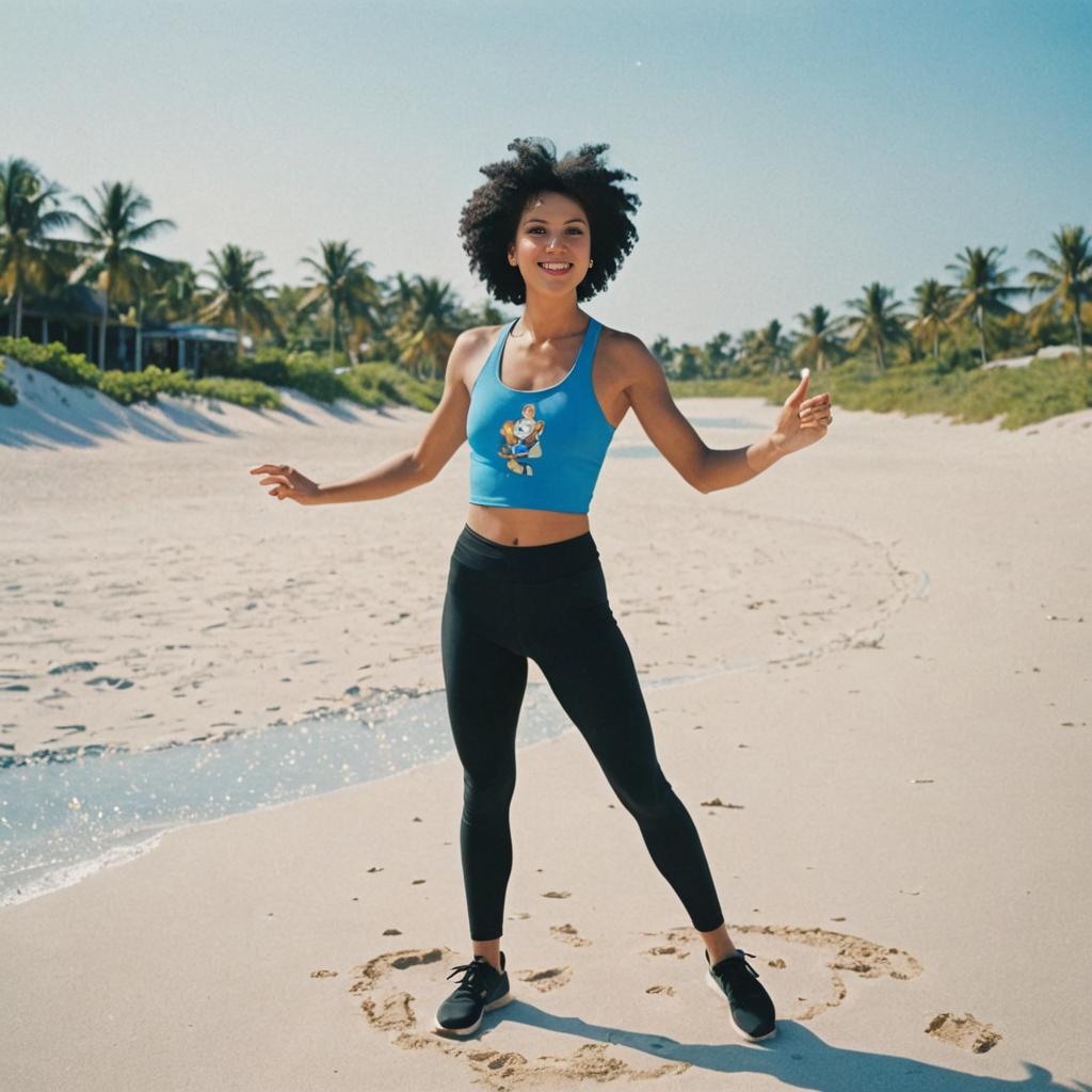 Joyful woman in blue top on sunny beach