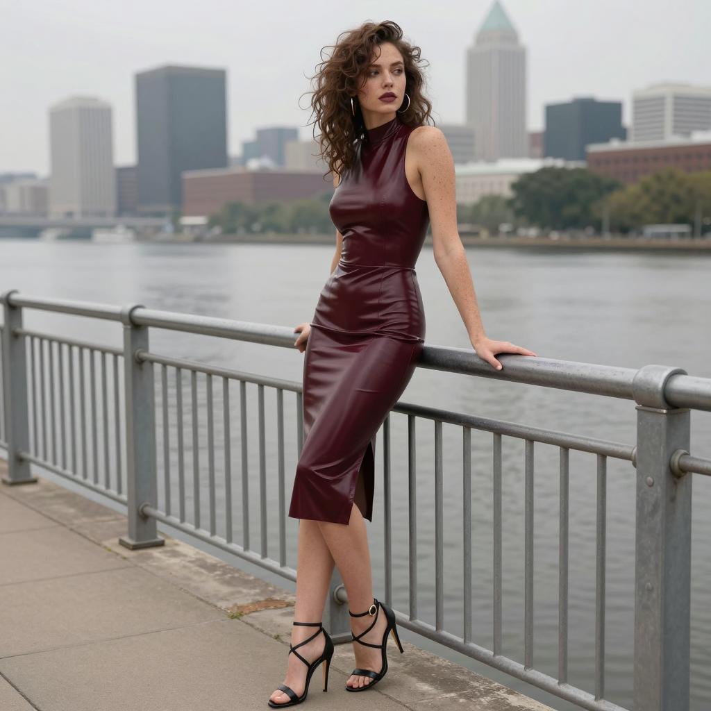 Fashionable Woman in Burgundy Leather Dress by Urban Waterfront