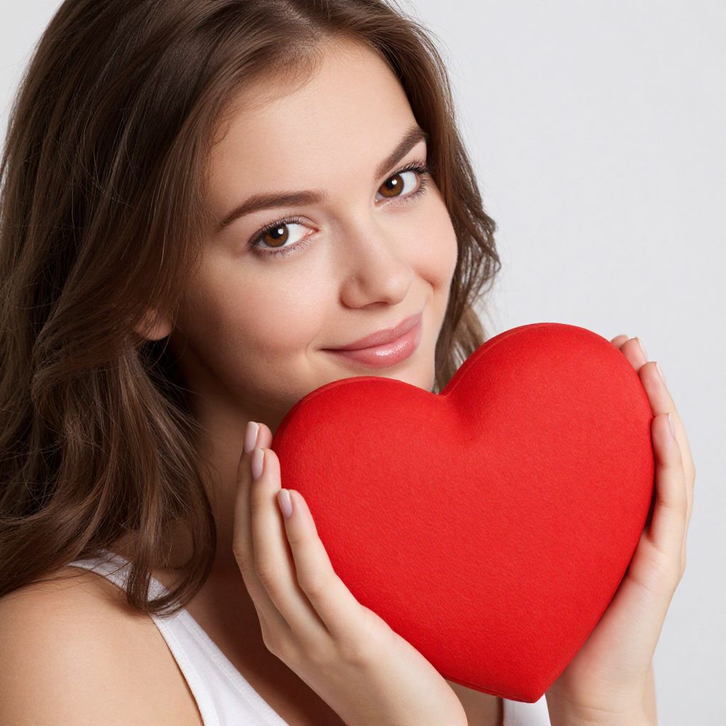 Woman Holding Red Heart Close in Tender Portrait
