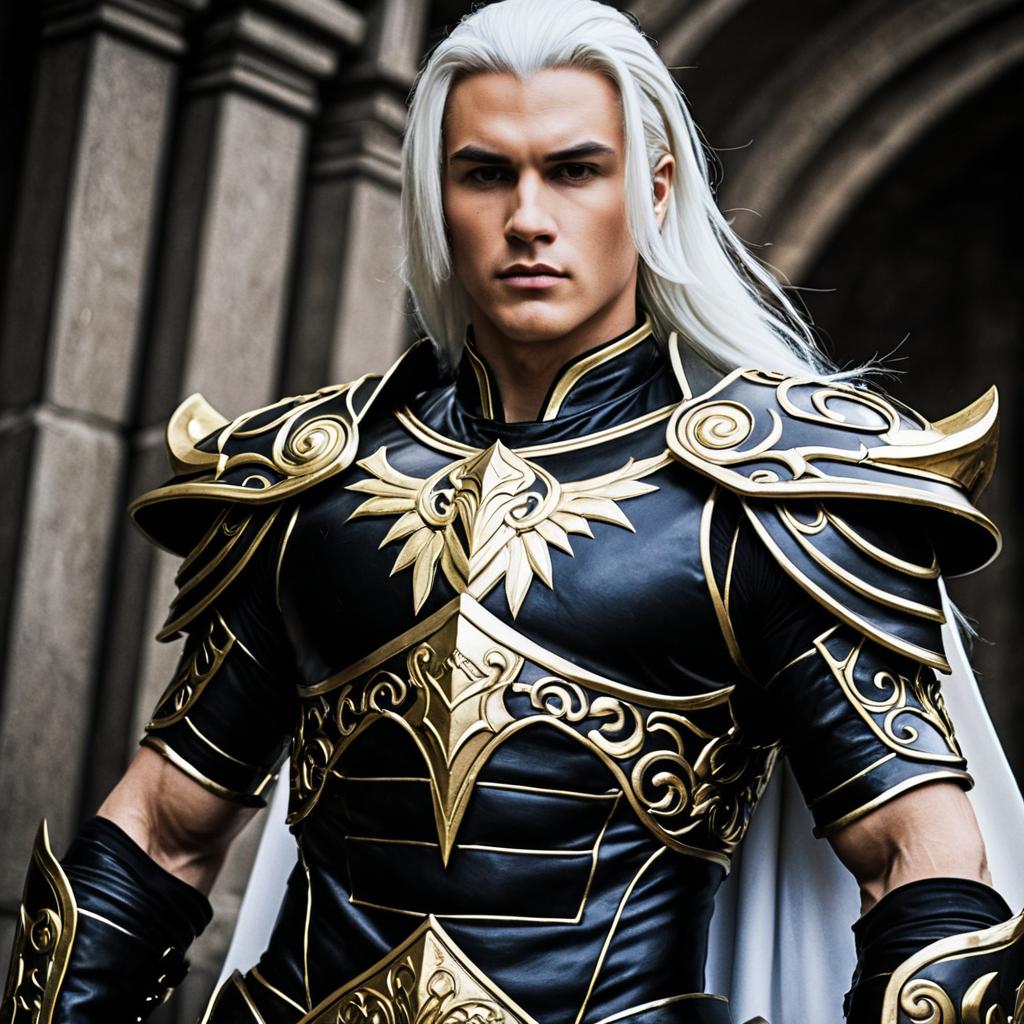 Fantasy Warrior Man in Ornate Black and Gold Armor with White Hair