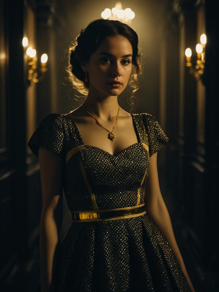 Elegant Woman in Retro Party Dress Costume with Cinematic Realism