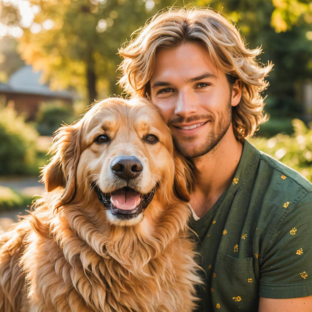 Young Man with Golden Retriever Smiling Outdoors Young Man with Golden Retriever Smiling Outdoors