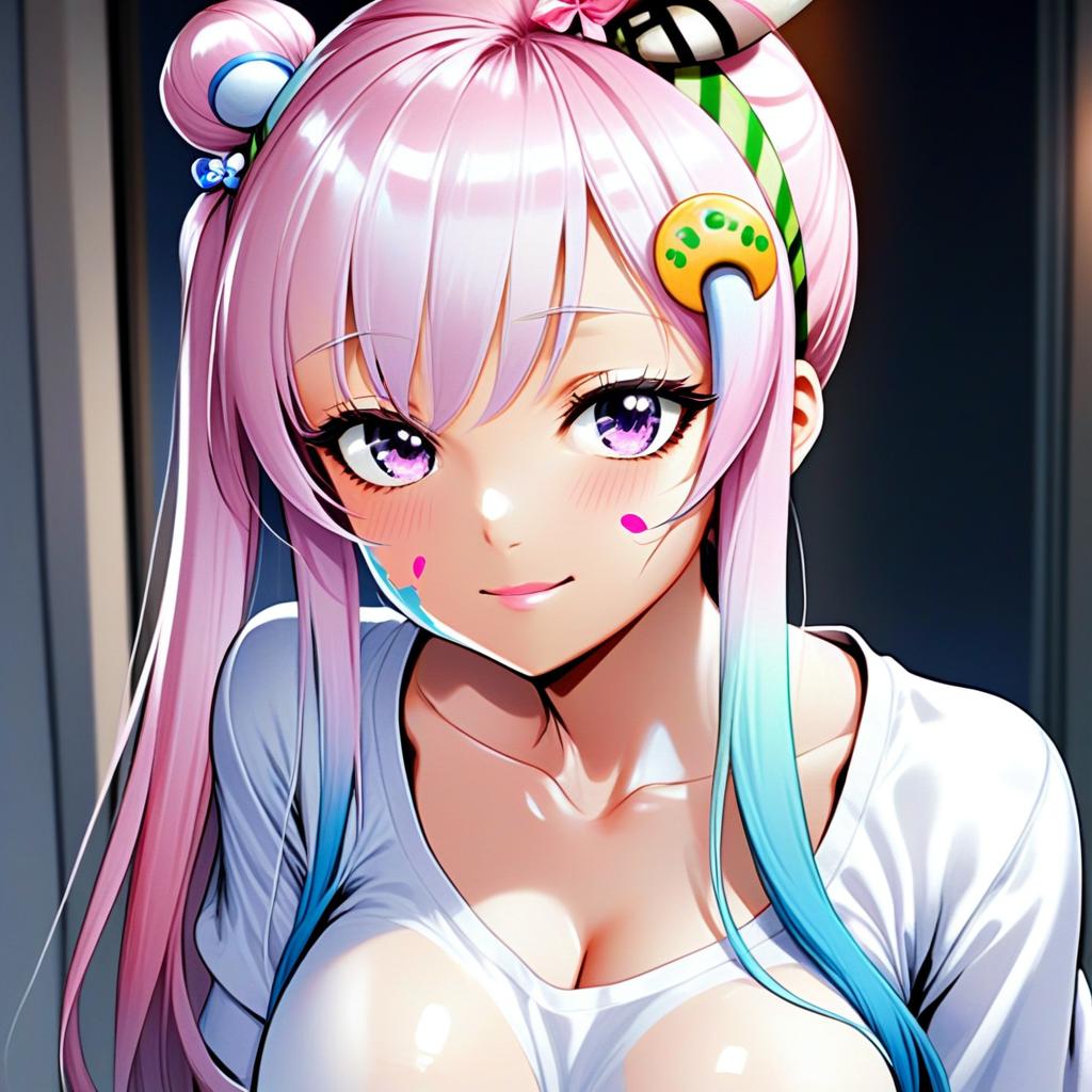 Anime Girl with Pink and Blue Hair in Digital Illustration Style