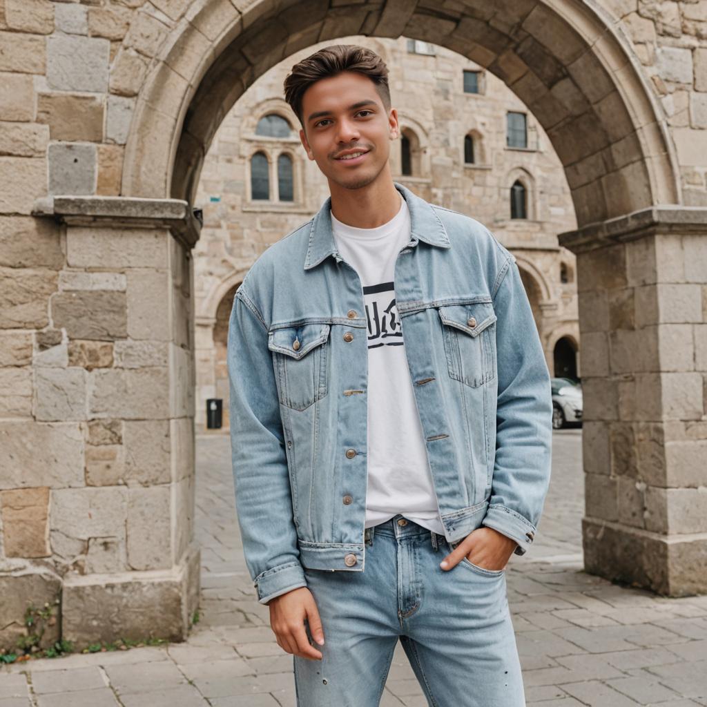 Stylish Man in Denim Jacket and Jeans at Stone Archway