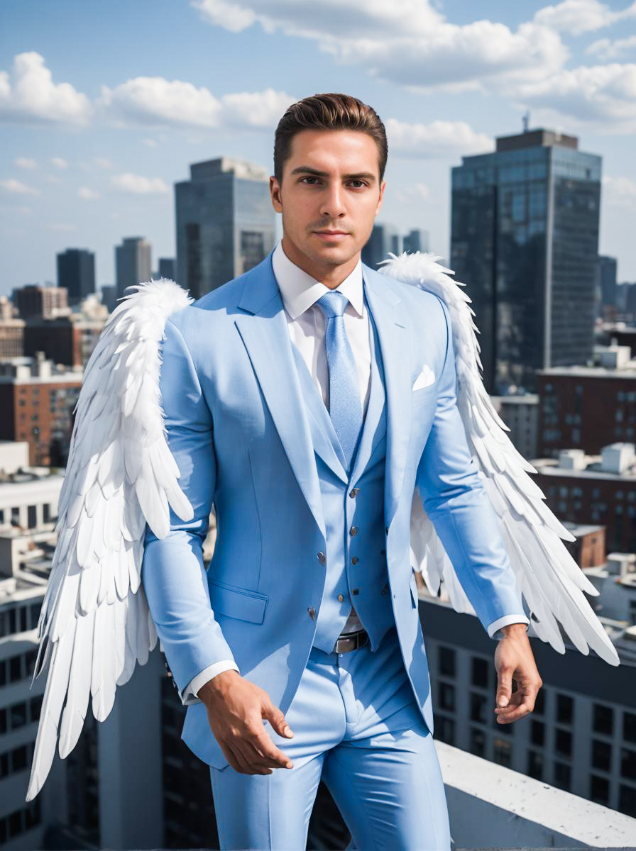 Man in Light Blue Suit with Angel Wings on Rooftop