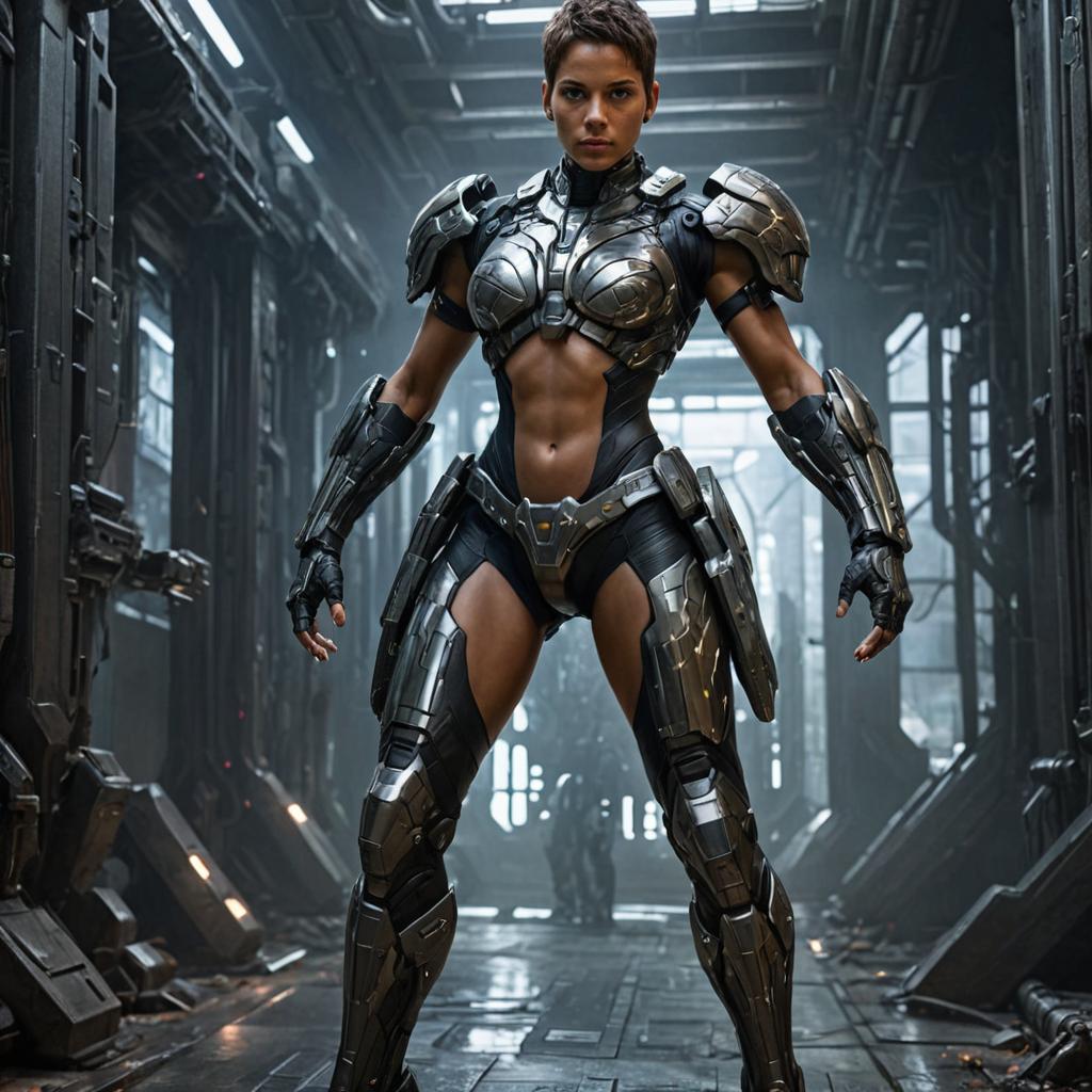 Woman in Cyborg Suit in Sci-Fi Corridor