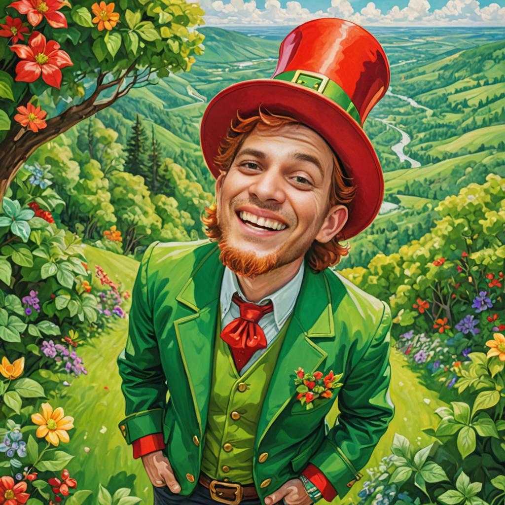 Cheerful Leprechaun in Green Landscape