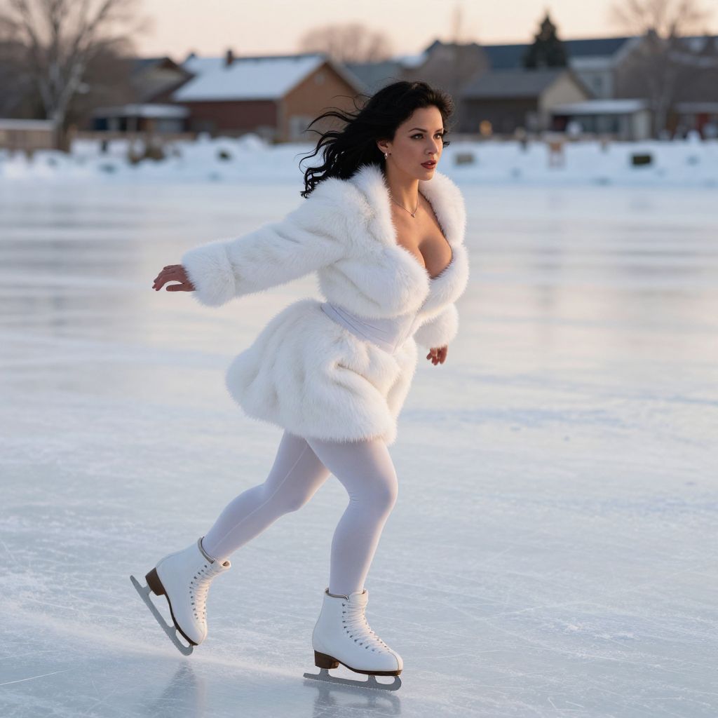 Woman Ice Skater in White Fur Coat on Outdoor Ice Rink