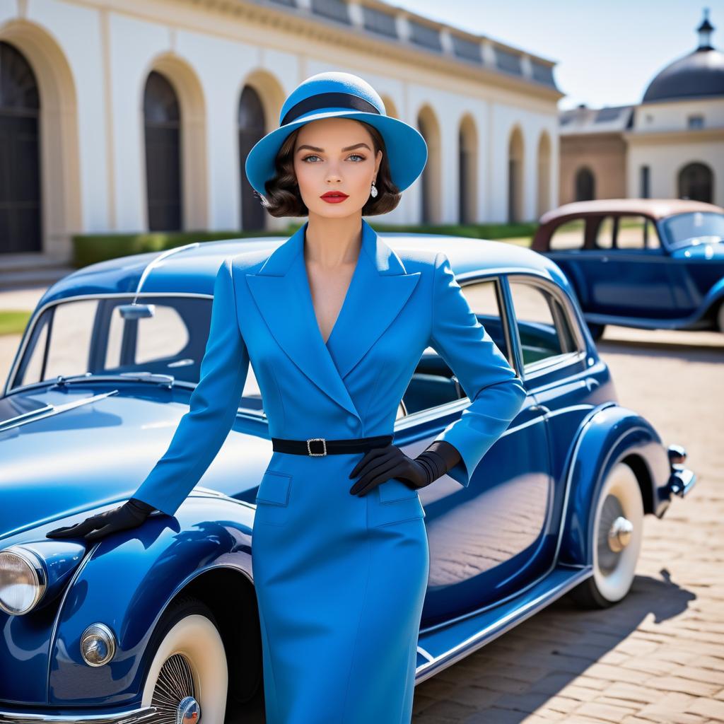 Vintage Glamour: Elegant Woman in Blue Suit by Classic Car