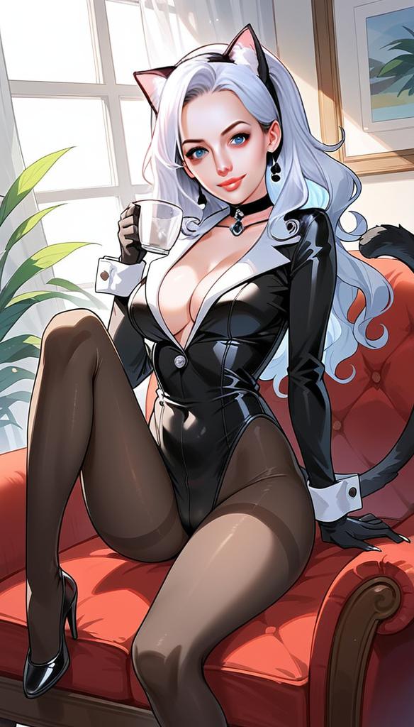 Stylish Anime Woman in Black Leather Catsuit Sitting on Red Armchair