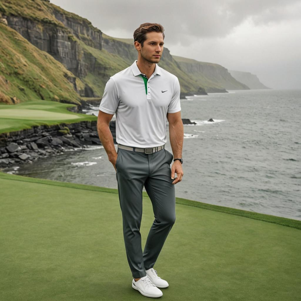 Confident Man on Golf Course with Ocean View