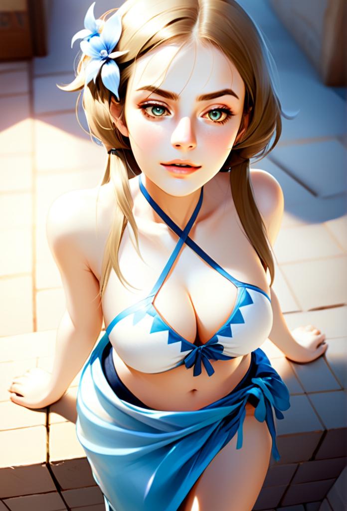 Anime Style Blonde Woman in Blue Bikini by Poolside Digital Art