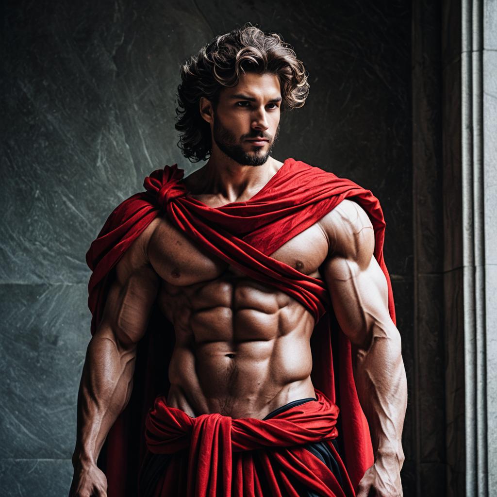 Muscular Man in Red Draped Fabric with Heroic Greco-Roman Style